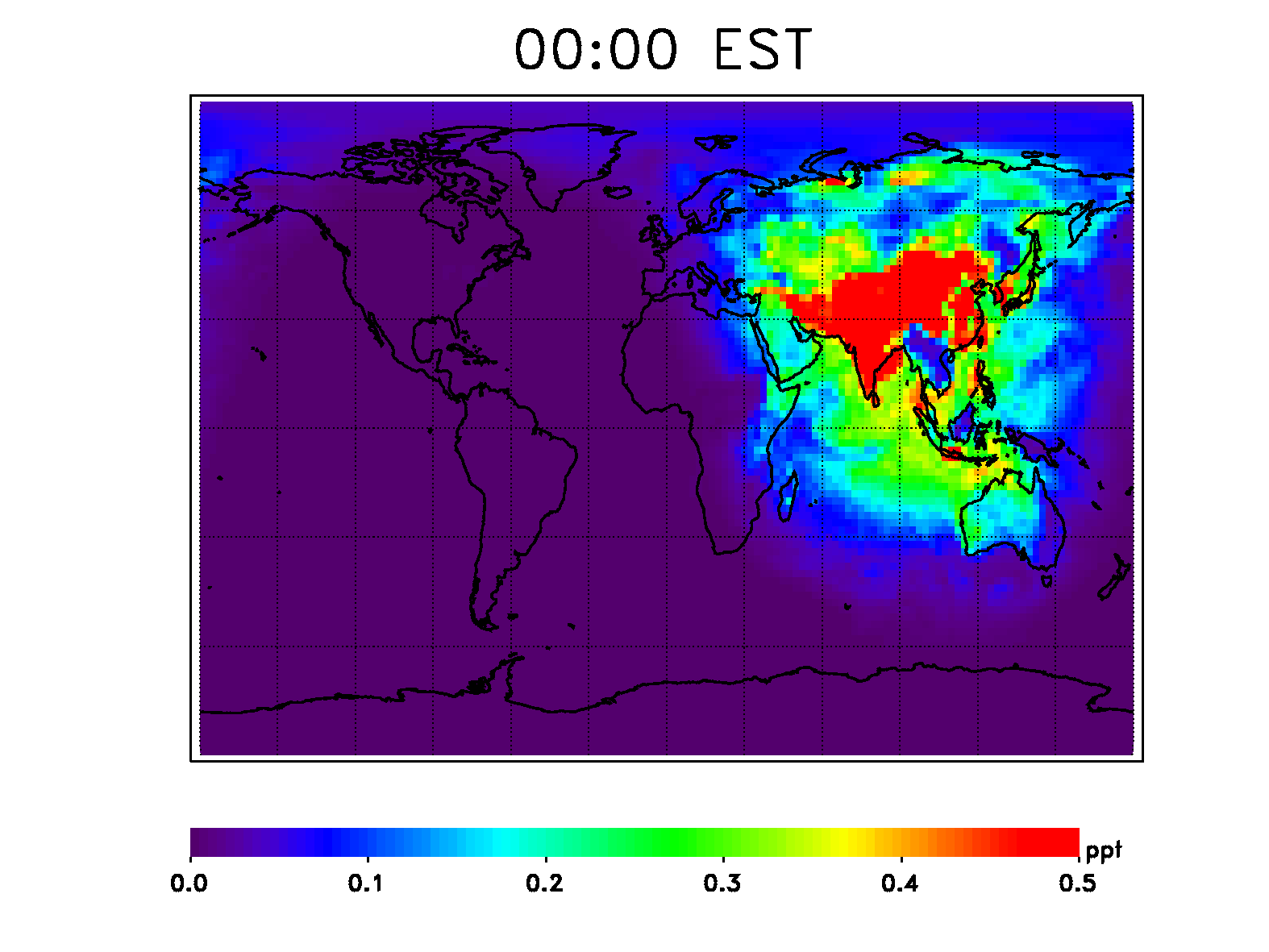 Model output of OH primary production over a 24-hour period in July tracks with sunlight across the globe. Higher levels of OH over populated land are likely from OH recycling in the presence of NO and NO2, which are common pollutants from cars and industry.